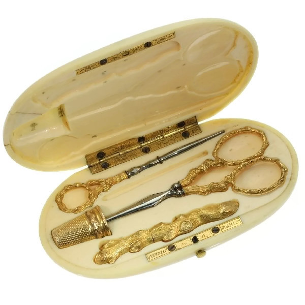 Antique Gold Ladies Sewing Set Ivory Case Signed Aucoc France Description By Adin Antique Jewelry